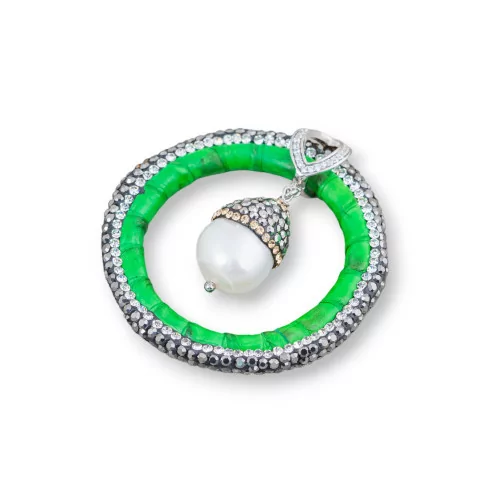 Componente Intramezzo Di SimilPelle Di Perle Di Fiume Con Marcasite Strass 45mm Verde-COMPONENTI DI SIMILPELLE | Worldofjewel.com