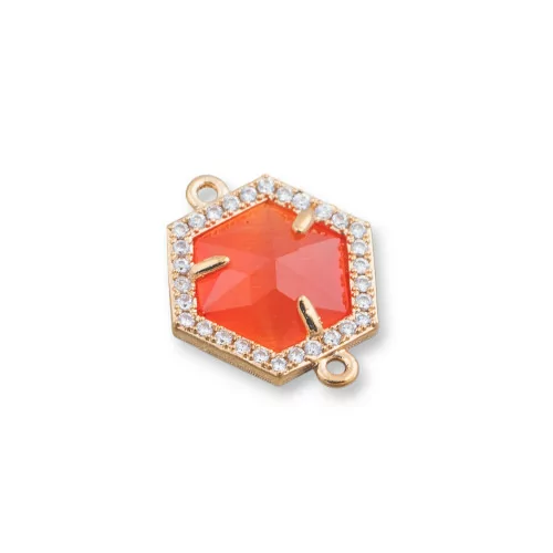 Connettore Componente Di Ottone Con Occhio Di Gatto Incastonati e Zirconi Esagono 14mm 10pz Dorato Arancio-CABOCHON BORDATI E INCASTONATI | Worldofjewel.com