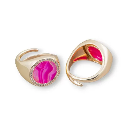 Anello Di Bronzo Con Pietra Naturale A Piastra Con Zirconi 16mm Misura Regolabile Agata Striata Fucsia-ANELLI BRONZO E OCCHIO DI GATTO | Worldofjewel.com