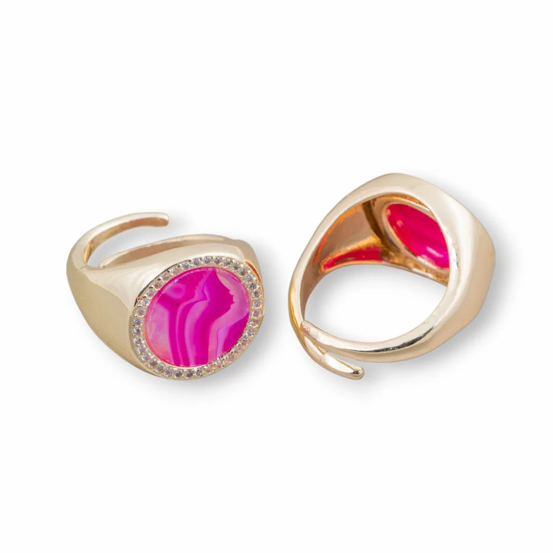 Anello Di Bronzo Con Pietra Naturale A Piastra Con Zirconi 16mm Misura Regolabile Agata Striata Fucsia-ANELLI BRONZO CON PIETRE INCASTONATE | Worldofjewel.com