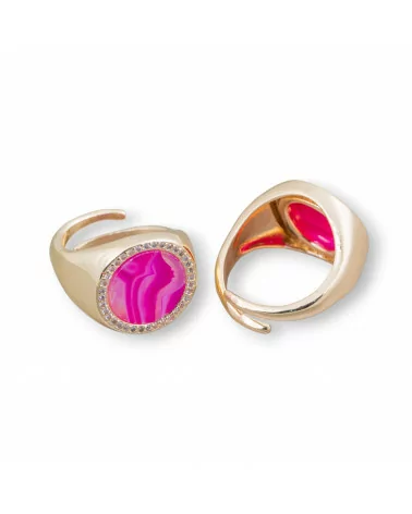 Anello Di Bronzo Con Pietra Naturale A Piastra Con Zirconi 16mm Misura Regolabile Agata Striata Fucsia-ANELLI BRONZO E OCCHIO DI GATTO | Worldofjewel.com