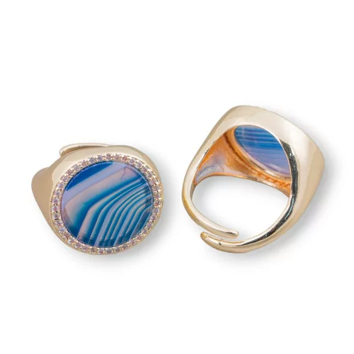 Anello Di Bronzo Con Pietra Naturale A Piastra Con Zirconi 20mm Misura Regolabile Agata Striata Blu-ANELLI BRONZO CON PIETRE INCASTONATE | Worldofjewel.com