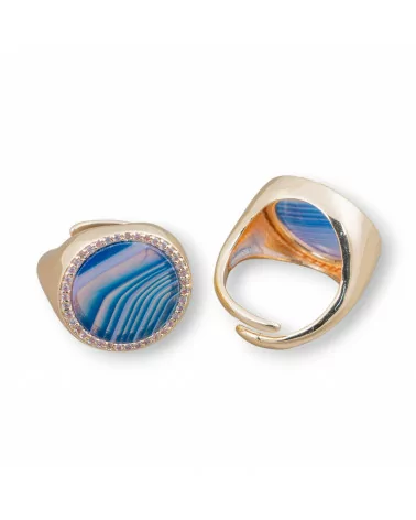 Anello Di Bronzo Con Pietra Naturale A Piastra Con Zirconi 20mm Misura Regolabile Agata Striata Blu-ANELLI BRONZO CON PIETRE INCASTONATE | Worldofjewel.com