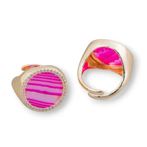 Anello Di Bronzo Con Pietra Naturale A Piastra Con Zirconi 20mm Misura Regolabile Agata Striata Fucsia-ANELLI BRONZO E OCCHIO DI GATTO | Worldofjewel.com