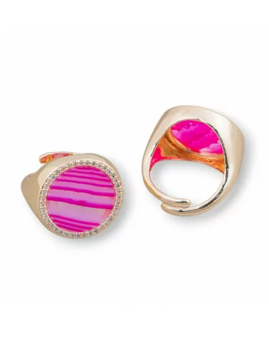 Anello Di Bronzo Con Pietra Naturale A Piastra Con Zirconi 20mm Misura Regolabile Agata Striata Fucsia-ANELLI BRONZO E OCCHIO DI GATTO | Worldofjewel.com