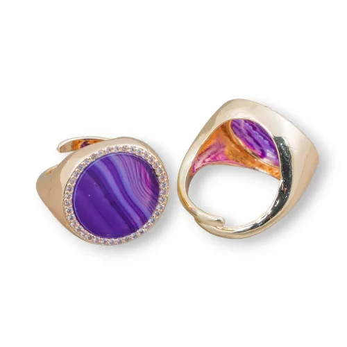 Anello Di Bronzo Con Pietra Naturale A Piastra Con Zirconi 20mm Misura Regolabile Agata Striata Viola-ANELLI BRONZO E OCCHIO DI GATTO | Worldofjewel.com