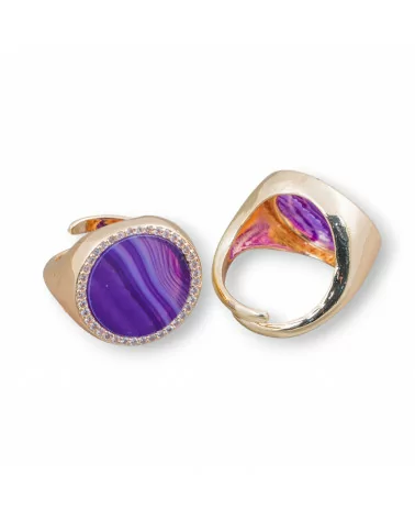 Anello Di Bronzo Con Pietra Naturale A Piastra Con Zirconi 20mm Misura Regolabile Agata Striata Viola-ANELLI BRONZO E OCCHIO DI GATTO | Worldofjewel.com