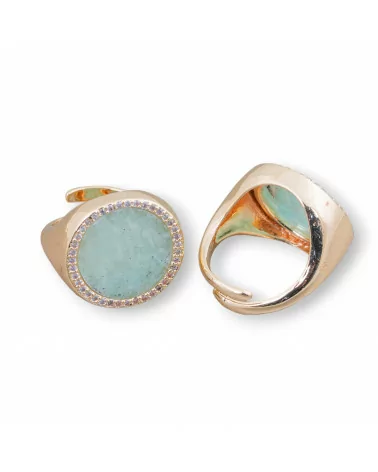 Anello Di Bronzo Con Pietra Naturale A Piastra Con Zirconi 20mm Misura Regolabile Amazonite-ANELLI BRONZO E OCCHIO DI GATTO | Worldofjewel.com