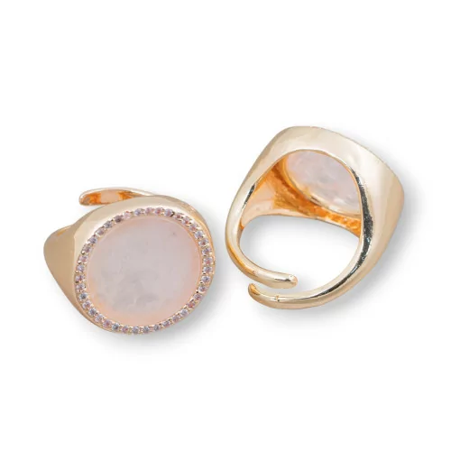 Anello Di Bronzo Con Pietra Naturale A Piastra Con Zirconi 20mm Misura Regolabile Quarzo Rosa-ANELLI BRONZO CON PIETRE INCASTONATE | Worldofjewel.com