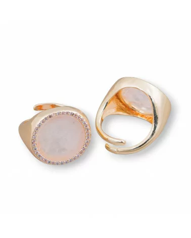 Anello Di Bronzo Con Pietra Naturale A Piastra Con Zirconi 20mm Misura Regolabile Quarzo Rosa-ANELLI BRONZO CON PIETRE INCASTONATE | Worldofjewel.com