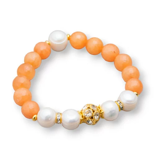 Bracciale Elastico Con Pietre Dure E Perle Di Fiume Con Centrale Sfera In Ottone E Zirconi 10-12mm Arancio-BRACCIALI DI PIETRE E PERLE | Worldofjewel.com