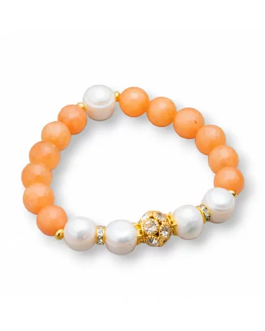 Bracciale Elastico Con Pietre Dure E Perle Di Fiume Con Centrale Sfera In Ottone E Zirconi 10-12mm Arancio-BRACCIALI DI PIETRE E PERLE | Worldofjewel.com