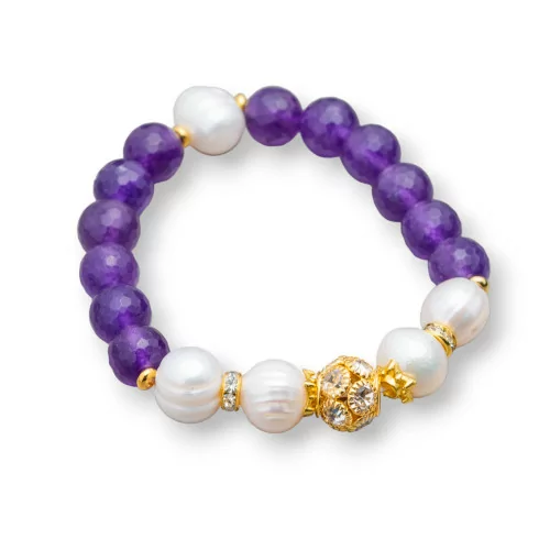 Bracciale Elastico Con Pietre Dure E Perle Di Fiume Con Centrale Sfera In Ottone E Zirconi 10-12mm Viola-BRACCIALI DI PIETRE E PERLE | Worldofjewel.com