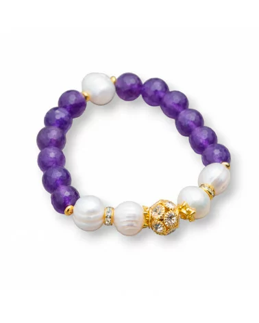 Bracciale Elastico Con Pietre Dure E Perle Di Fiume Con Centrale Sfera In Ottone E Zirconi 10-12mm Viola-BRACCIALI DI PIETRE E PERLE | Worldofjewel.com