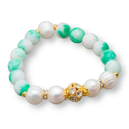 Bracciale Elastico Con Pietre Dure E Perle Di Fiume Con Centrale Sfera In Ottone E Zirconi 10-12mm Verde Bianco Mix-BRACCIALI DI PIETRE E PERLE | Worldofjewel.com