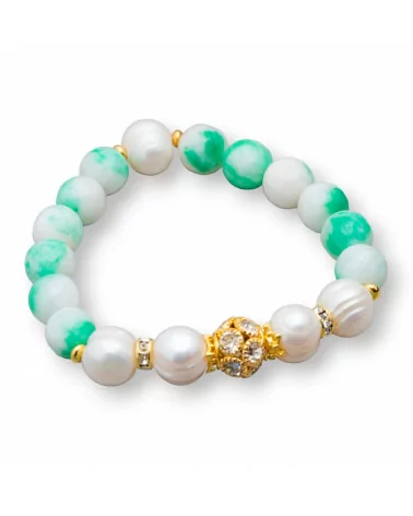 Bracciale Elastico Con Pietre Dure E Perle Di Fiume Con Centrale Sfera In Ottone E Zirconi 10-12mm Verde Bianco Mix-BRACCIALI DI PIETRE E PERLE | Worldofjewel.com