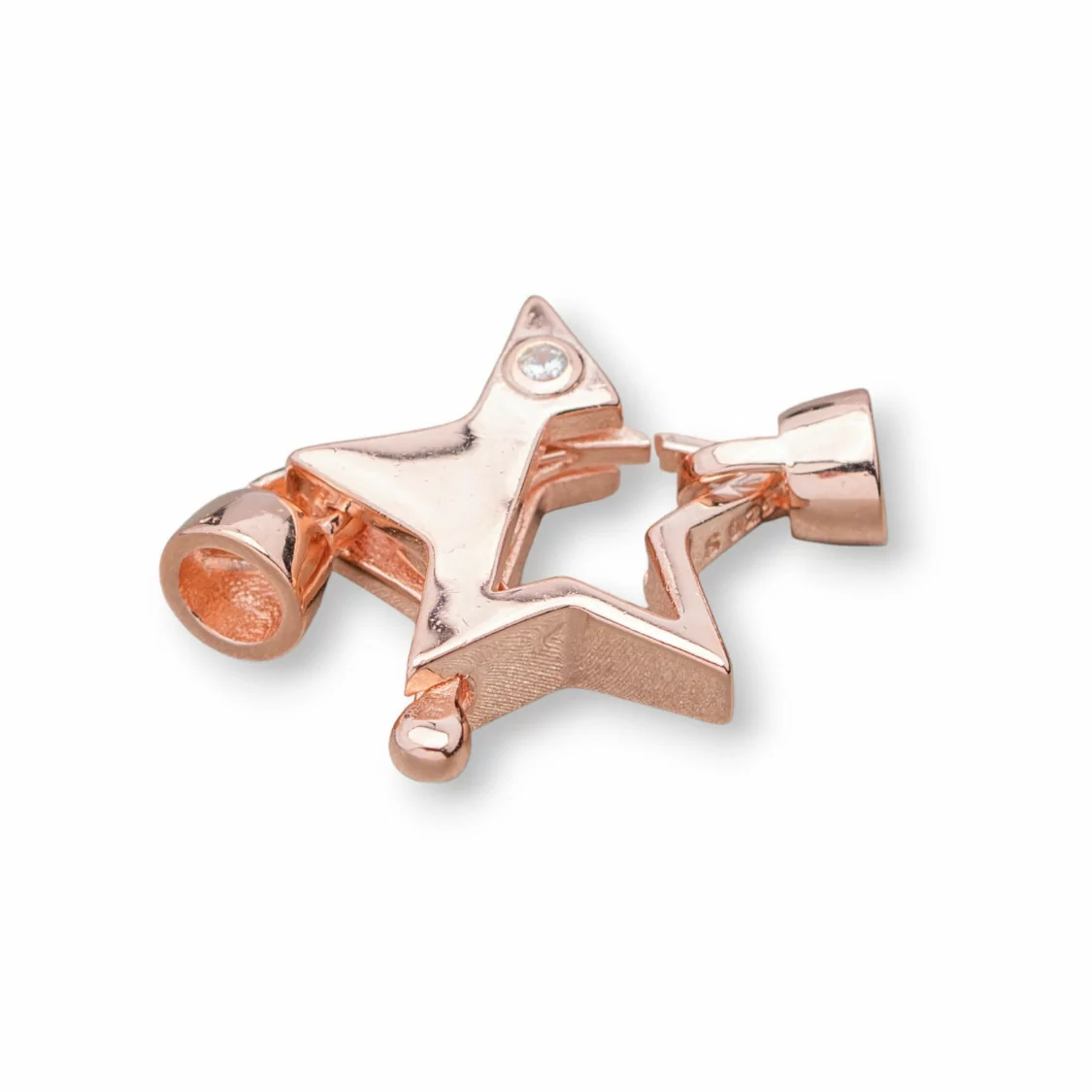 Chiusura Di Argento 925 A Moschettone Con Coppette e Punto Luce A Stella 17x25mm 2pz Oro Rosa-CHIUSURE DI ARGENTO | Worldofjewel.com