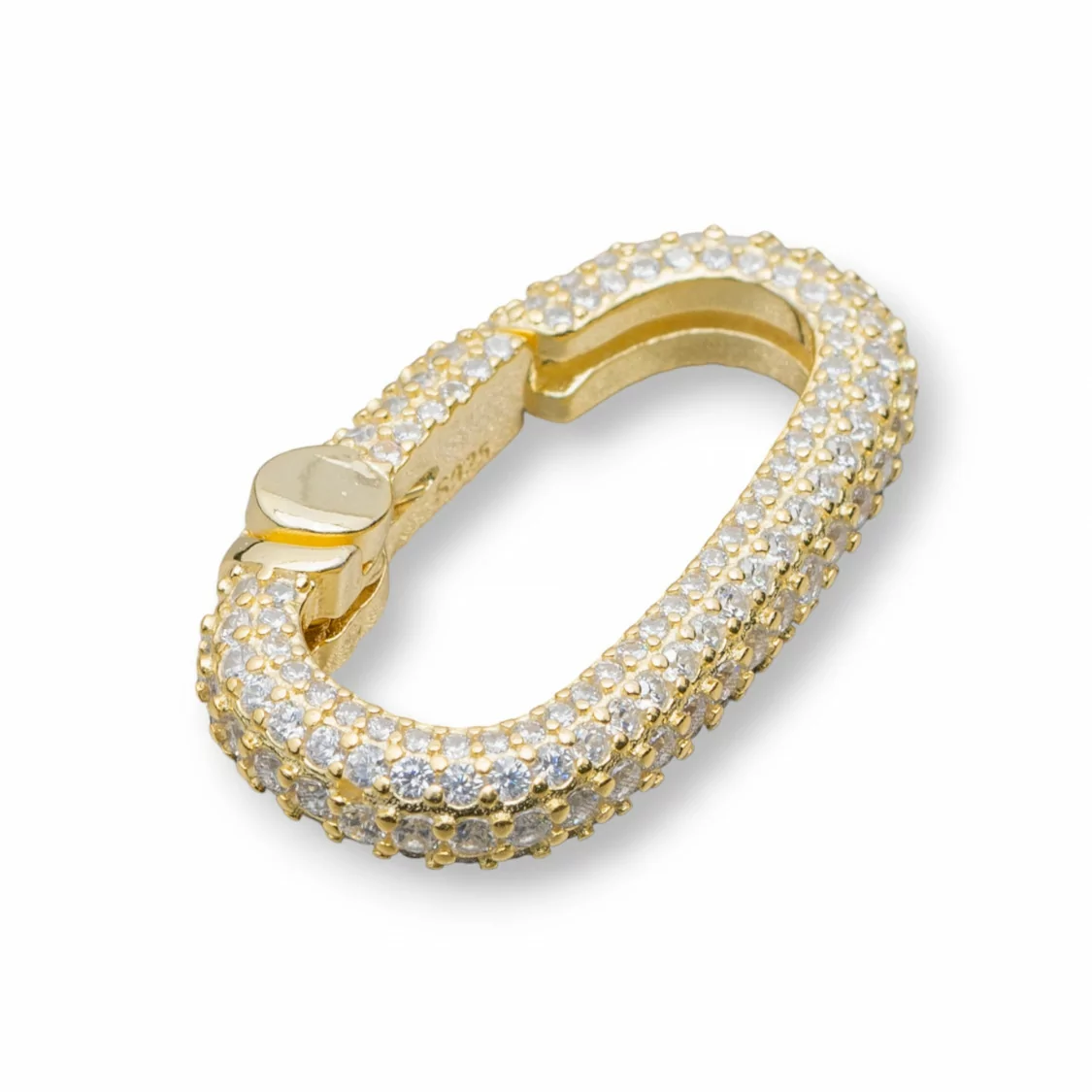 Chiusura Gancio A Scatto Di Argento 925 Con Zirconi Micropave' Ovale 16x27mm 1pz Dorato-CHIUSURE DI ARGENTO | Worldofjewel.com