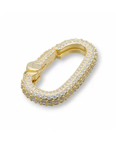 Chiusura Gancio A Scatto Di Argento 925 Con Zirconi Micropave' Ovale 16x27mm 1pz Dorato-CHIUSURE DI ARGENTO | Worldofjewel.com