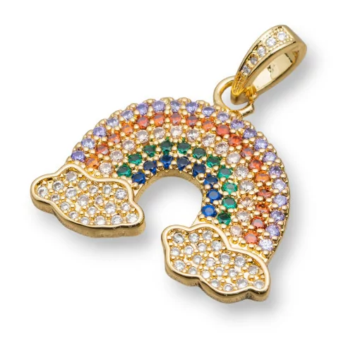 Ciondolo Pendente Di Bronzo Con Zirconi Multicolor Pavè Arcobaleno Con Nuvole 26x29mm 5pz-ARGENTO 925 DESIGN ITALY | Worldofjewel.com