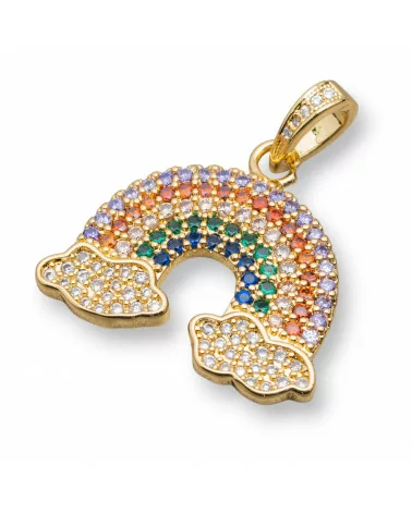 Ciondolo Pendente Di Bronzo Con Zirconi Multicolor Pavè Arcobaleno Con Nuvole 26x29mm 5pz-ARGENTO 925 DESIGN ITALY | Worldofjewel.com