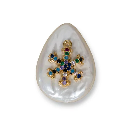 Componente Intramezzo Di Perle Di Maiorca A Goccia Con Zirconi Multicolor Pavè Fiocco Di Neve 18x25mm 6pz-COMPONENTI DI PIETRE DURE | Worldofjewel.com