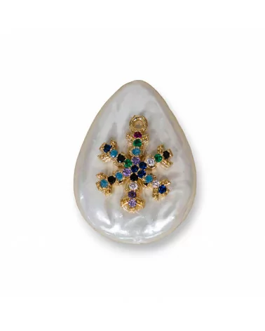 Componente Intramezzo Di Perle Di Maiorca A Goccia Con Zirconi Multicolor Pavè Fiocco Di Neve 18x25mm 6pz-COMPONENTI DI PIETRE DURE | Worldofjewel.com