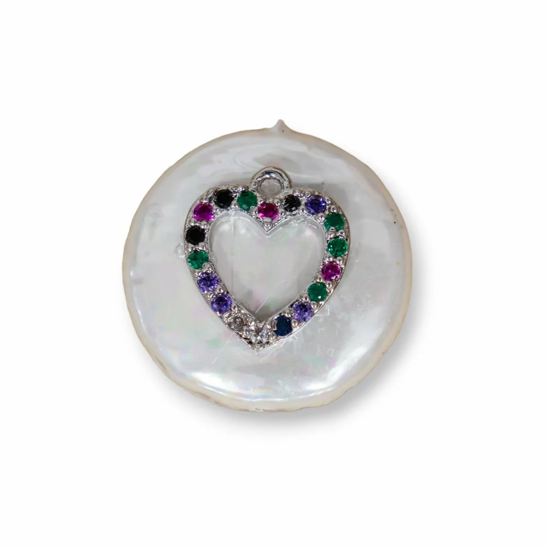 Componente Intramezzo Di Perle Di Maiorca Tondo Con Zirconi Multicolor Pavè Cuore 20mm 6pz Rodiato-COMPONENTI DI PIETRE DURE | Worldofjewel.com