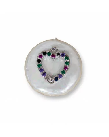 Componente Intramezzo Di Perle Di Maiorca Tondo Con Zirconi Multicolor Pavè Cuore 20mm 6pz Rodiato-COMPONENTI DI PIETRE DURE | Worldofjewel.com