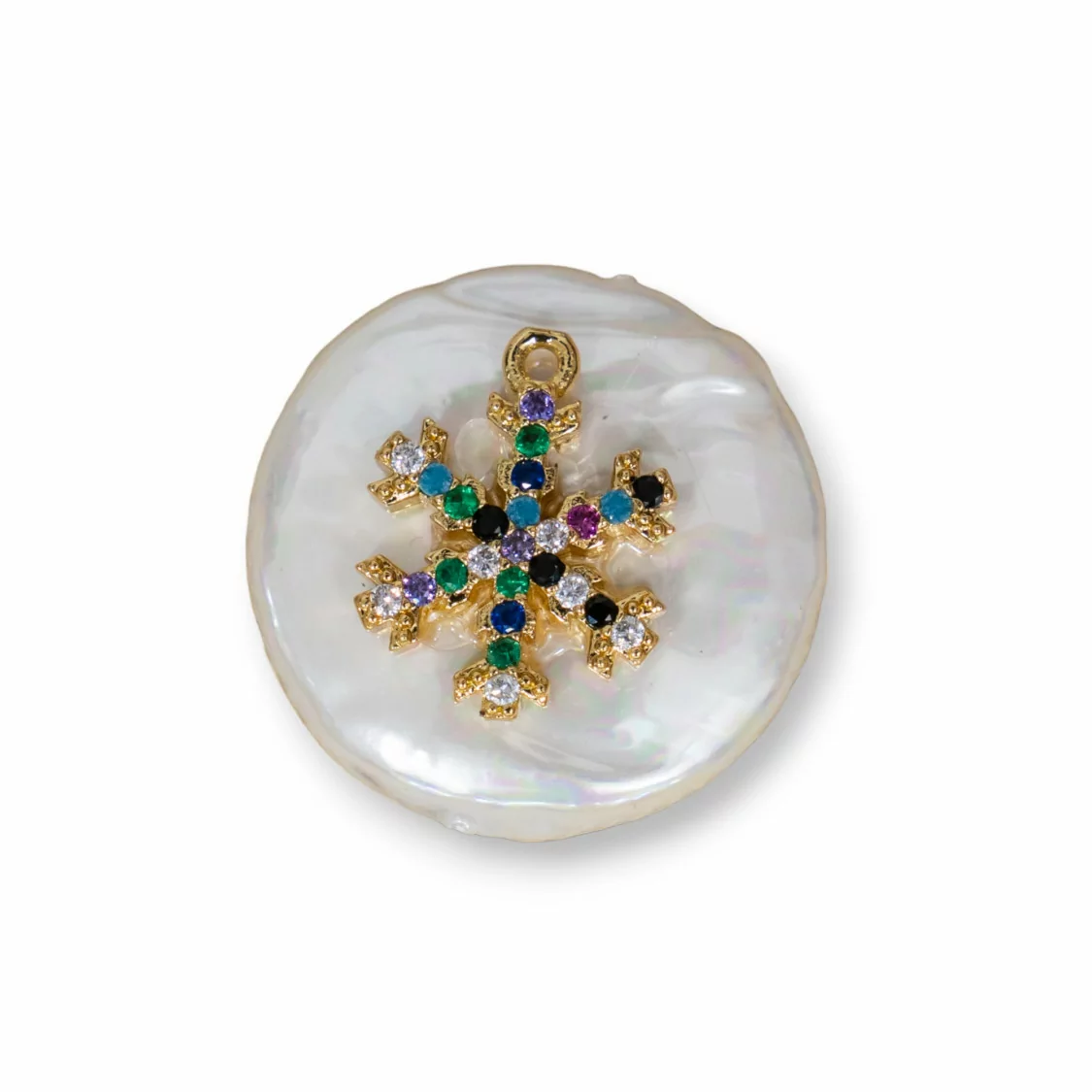 Componente Intramezzo Di Perle Di Maiorca Tondo Con Zirconi Multicolor Pavè Fiocco Di Neve 20mm 6pz-COMPONENTI DI PIETRE DURE | Worldofjewel.com