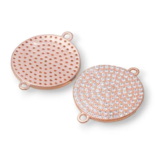 Componente Connettore Di Argento 925 Con Zirconi Tondo Coin Con 2 Anellini 15mm 4pz Oro Rosa-CONNETTORI PAVE' | Worldofjewel.com