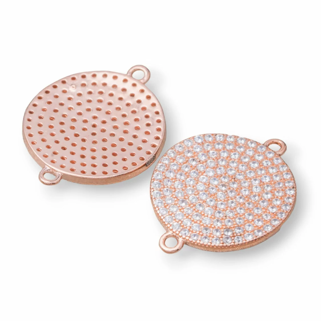 Componente Connettore Di Argento 925 Con Zirconi Tondo Coin Con 2 Anellini 15mm 4pz Oro Rosa-CONNETTORI PAVE' | Worldofjewel.com