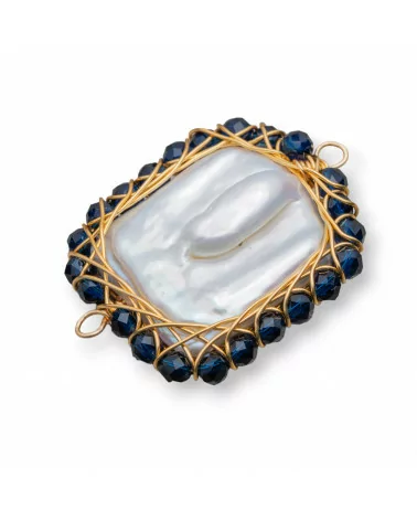 Componente Di Perle Di Fiume Con Pietre Diamond Cut Intrecciati 2pz 24x30mm Blu-COMPONENTI DI PIETRE DURE | Worldofjewel.com