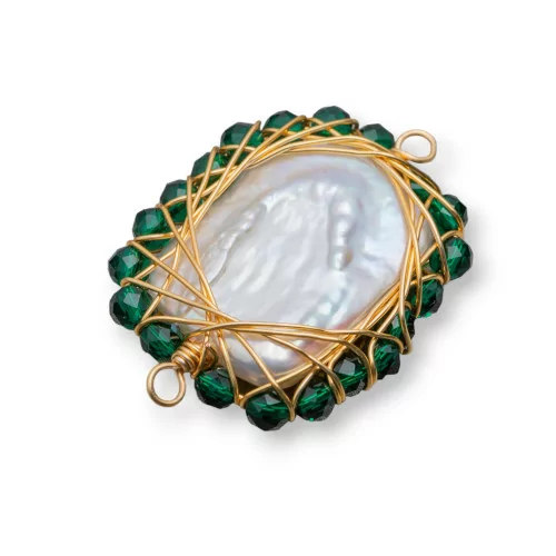 Componente Di Perle Di Fiume Con Pietre Diamond Cut Intrecciati 2pz 24x30mm Verde-COMPONENTI DI PIETRE DURE | Worldofjewel.com