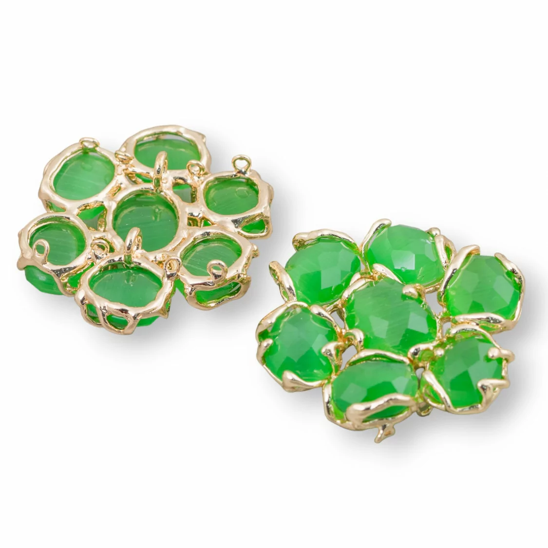 Componente Intramezzo Di Ottone Con 7 Cabochon Di Occhio Di Gatto 1pz Verde- A 7 PIETRE | Worldofjewel.com