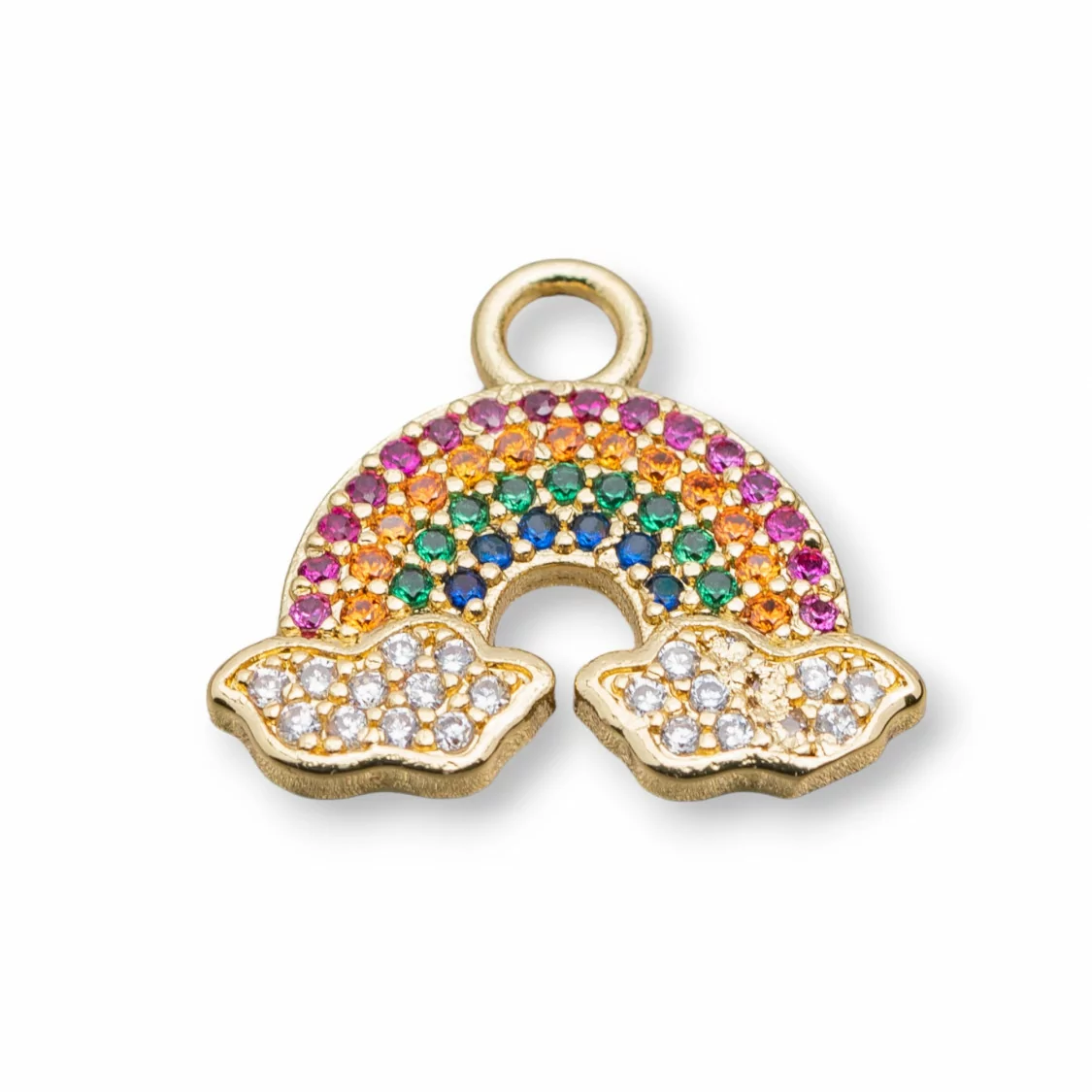 Componente Pendente Di Bronzo Con Zirconi Multicolor Pavè Arcobaleno Con Nuvole 17x19mm 10pz Dorato-CIONDOLI DI OTTONE | Worldofjewel.com