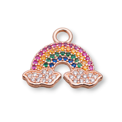 Componente colgante de bronce con pavé de circonitas multicolores Arco iris con nubes 17x19 mm 10 piezas de oro rosa