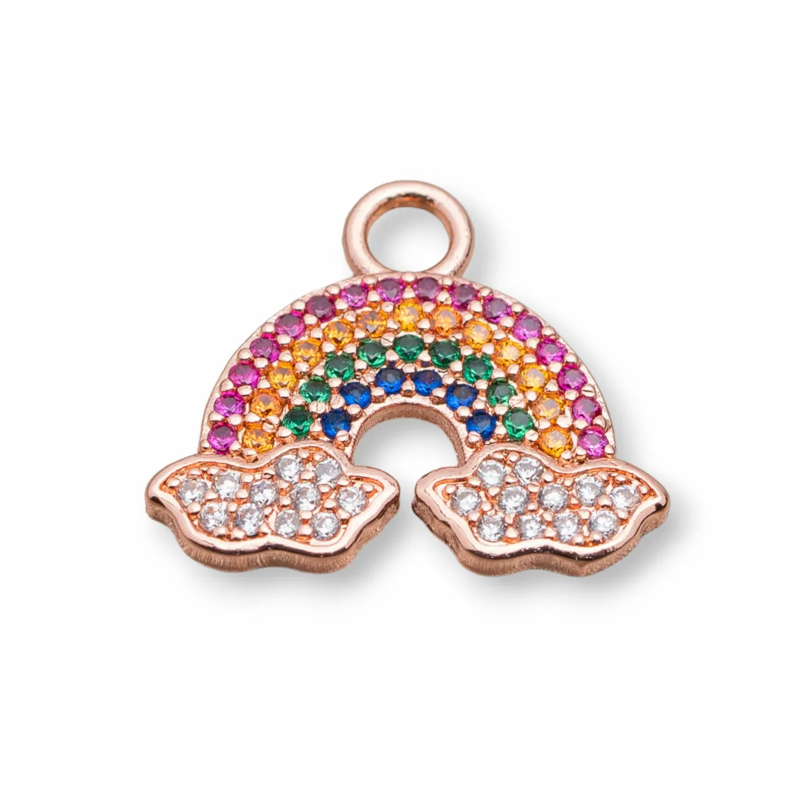 Componente Pendente Di Bronzo Con Zirconi Multicolor Pavè Arcobaleno Con Nuvole 17x19mm 10pz Oro Rosa-CIONDOLI DI OTTONE | Worldofjewel.com