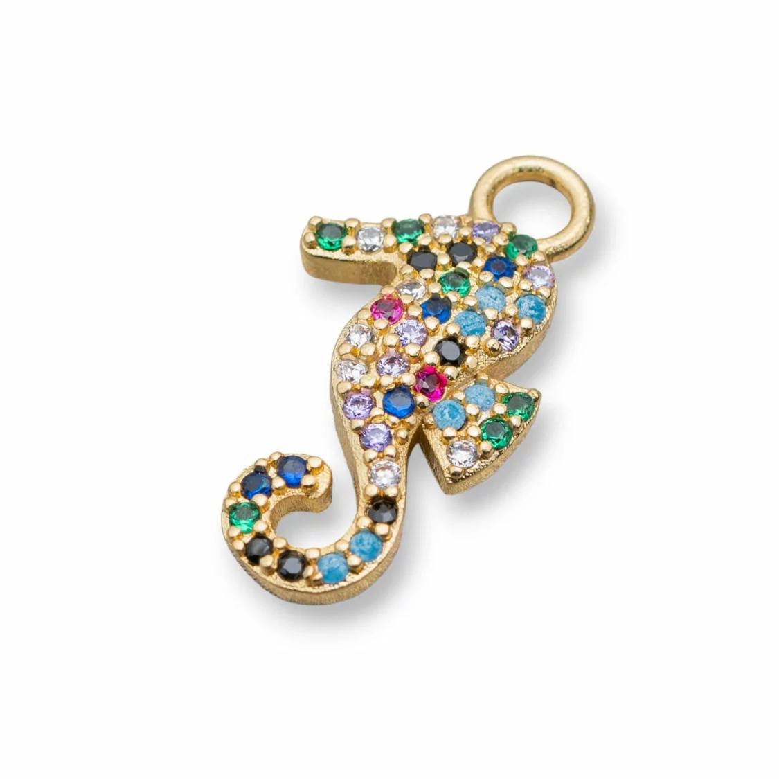 Componente Pendente Di Bronzo Con Zirconi Multicolor Pavè Cavalluccio Marino Con Un Anellino 12x22mm 8pz Dorato-CIONDOLI DI OTTONE | Worldofjewel.com