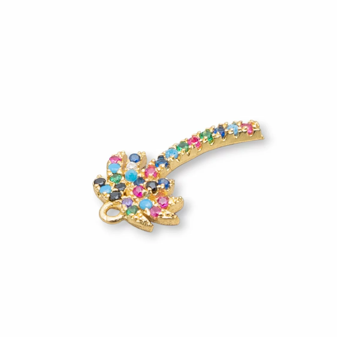 Componente Pendente Di Bronzo Con Zirconi Multicolor Pavè Palma Con Un Anellino 09x18mm 15pz-CIONDOLI DI OTTONE | Worldofjewel.com