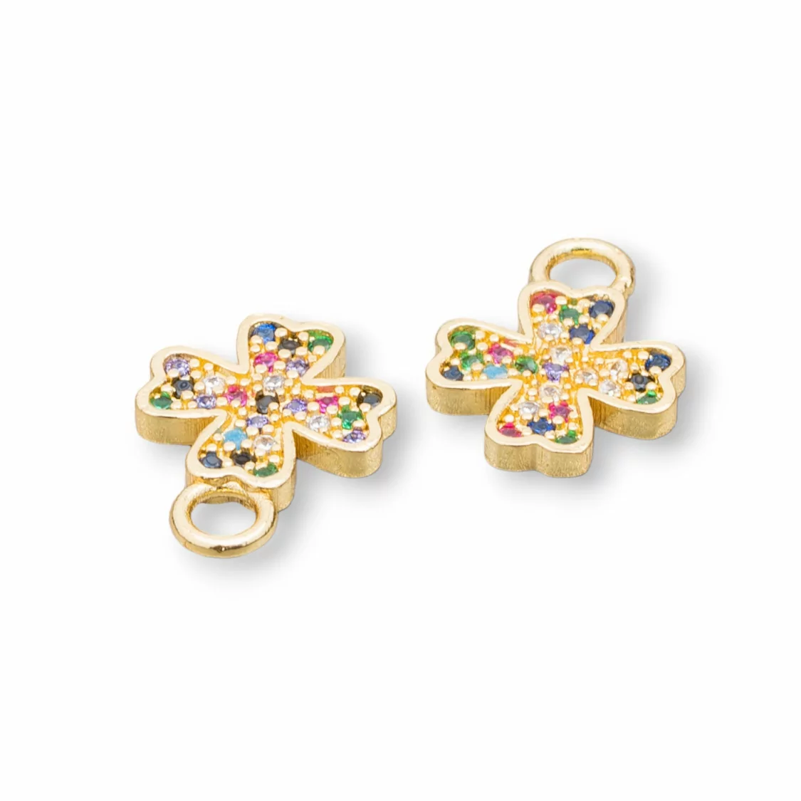 Componente Pendente Di Bronzo Con Zirconi Multicolor Pavè Quadrifoglio Con Un Anellino 12x16mm 8pz Dorato-CIONDOLI DI OTTONE | Worldofjewel.com