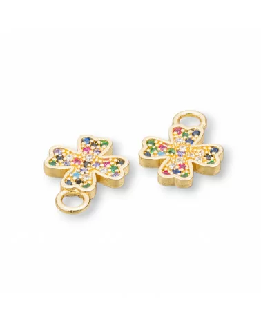 Componente Pendente Di Bronzo Con Zirconi Multicolor Pavè Quadrifoglio Con Un Anellino 12x16mm 8pz Dorato-CIONDOLI DI OTTONE | Worldofjewel.com