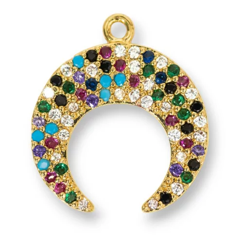 Componente Pendente Di Bronzo Con Zirconi Multicolor Pavè Spicchio Di Luna Con Un Anellino 16x18mm 10pz-CIONDOLI DI OTTONE | Worldofjewel.com