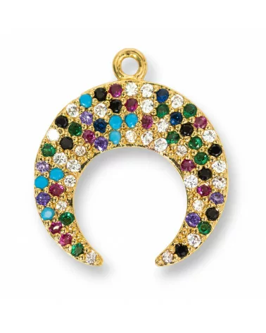 Componente Pendente Di Bronzo Con Zirconi Multicolor Pavè Spicchio Di Luna Con Un Anellino 16x18mm 10pz-CIONDOLI DI OTTONE | Worldofjewel.com