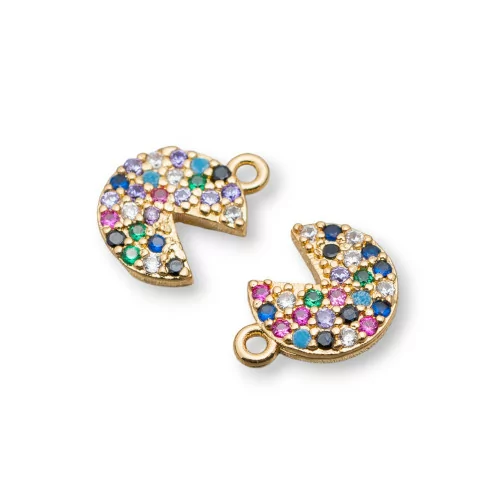 Componente Pendente Di Bronzo Con Zirconi Multicolor Pavè Spicchio Pac-Man Con Un Anellino 08x11mm 15pz Dorato-CIONDOLI DI OTTONE | Worldofjewel.com