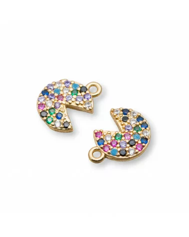 Componente Pendente Di Bronzo Con Zirconi Multicolor Pavè Spicchio Pac-Man Con Un Anellino 08x11mm 15pz Dorato-CIONDOLI DI OTTONE | Worldofjewel.com