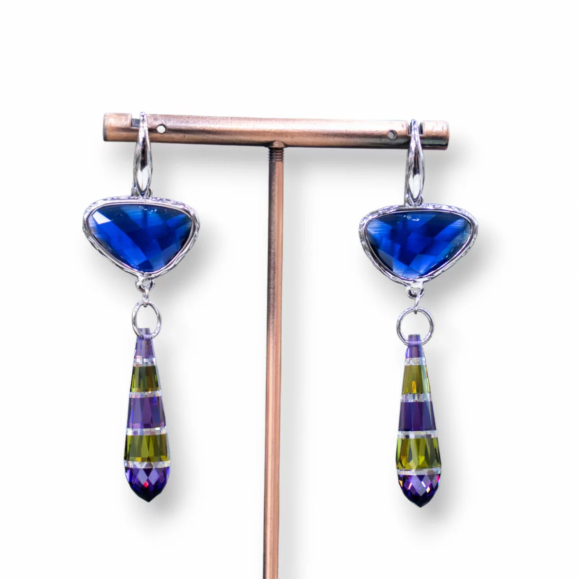 Orecchini A Monachella Di Argento 925 Con Componente Di Bronzo Con Occhi Di Gatto E Zirconi A Goccia 20x64mm Blu-ORECCHINI 925 SILVER HANDMADE | Worldofjewel.com