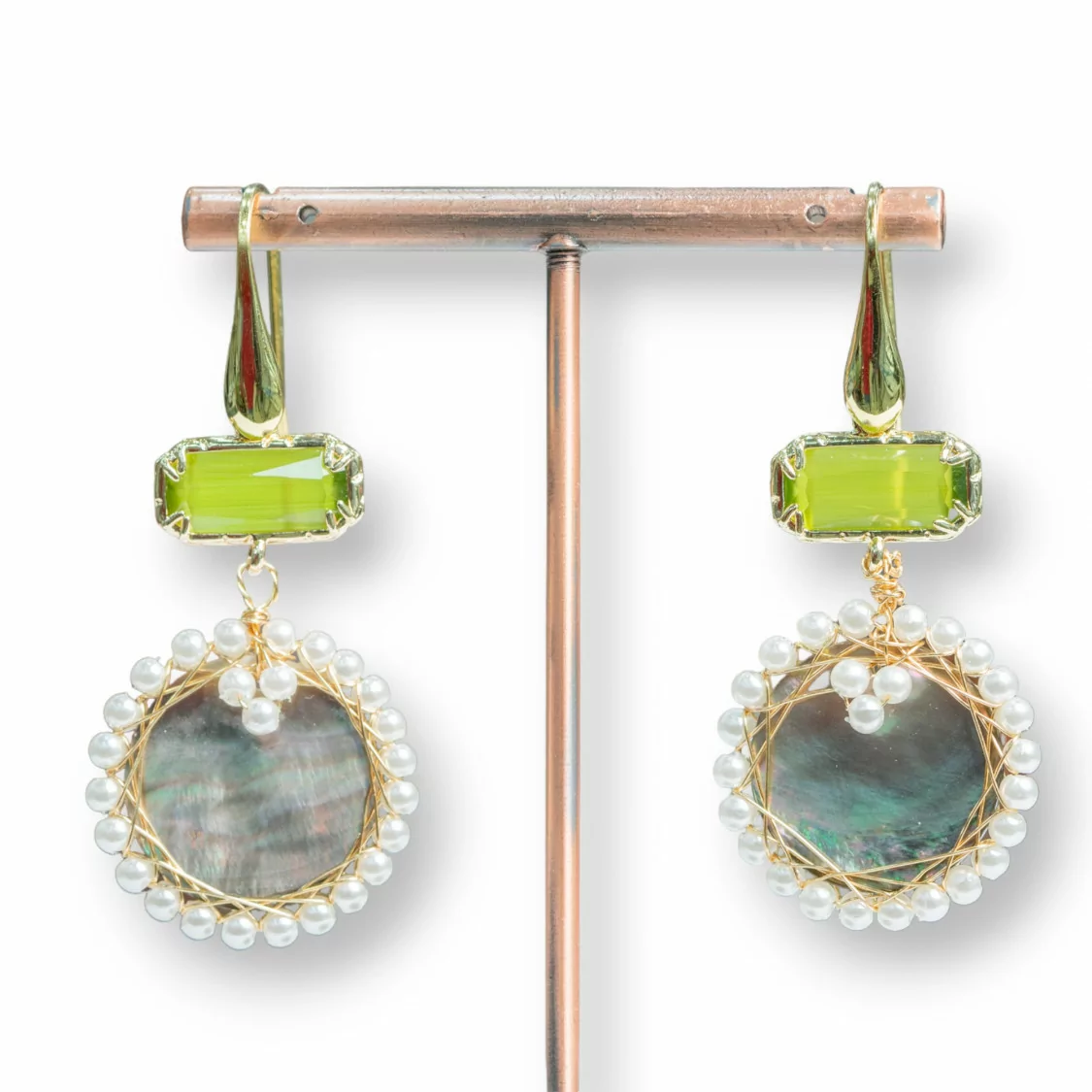 Orecchini A Monachella Di Argento 925 Con Occhi Di Gatto E Madreperla 26x58mm Verde Acido-ORECCHINI 925 SILVER HANDMADE | Worldofjewel.com