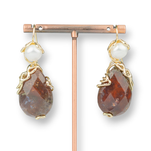 Boucles d'oreilles crochet en bronze avec perles de rivière et pendentif cabochon facetté 22x48mm Agate indienne foncée