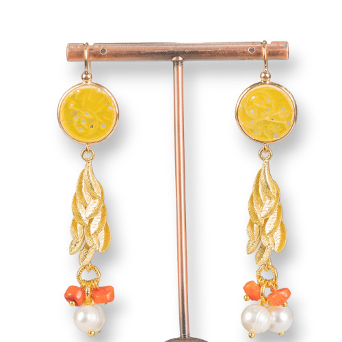 Boucles d'oreilles clous en bronze avec jade de Birmanie et perles avec corail 17x72mm jaune